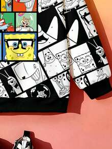 SpongeBob SquarePants | SHEIN 春秋冬季男童黑白卡通印花連帽長袖運動衫 - 黑色 - 查看 4