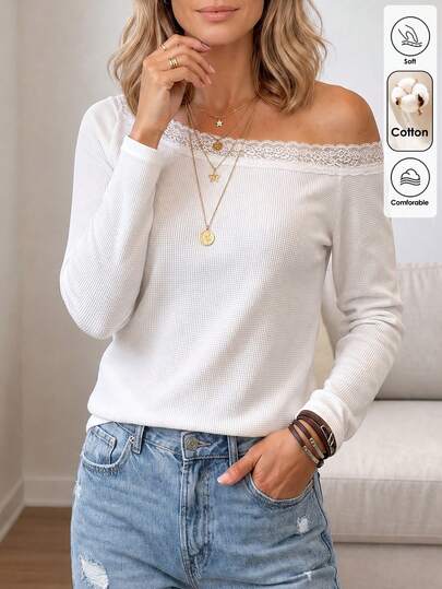 Louniche Damen einfarbiges T-Shirt mit kontrastierender Spitze, asymmetrischer Schulter und langen Ärmeln