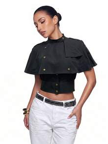 SHEIN ICON 女款純色鉚釘裝飾時尚百搭風衣外套 - 黑色 - 查看 7