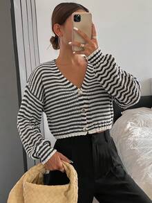 Spring/Autumn Casual Striped Cropped Cardigan - Multicolor - View 5