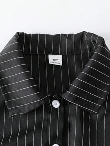 SHEIN 1件青少年女孩春秋款黑白通勤簡約風細豎條紋領口收腰長袖襯衫，修身版型，適合日常出遊、職場通勤、商務會議、休閒社交聚會及逛店 - 黑色 - 查看 7