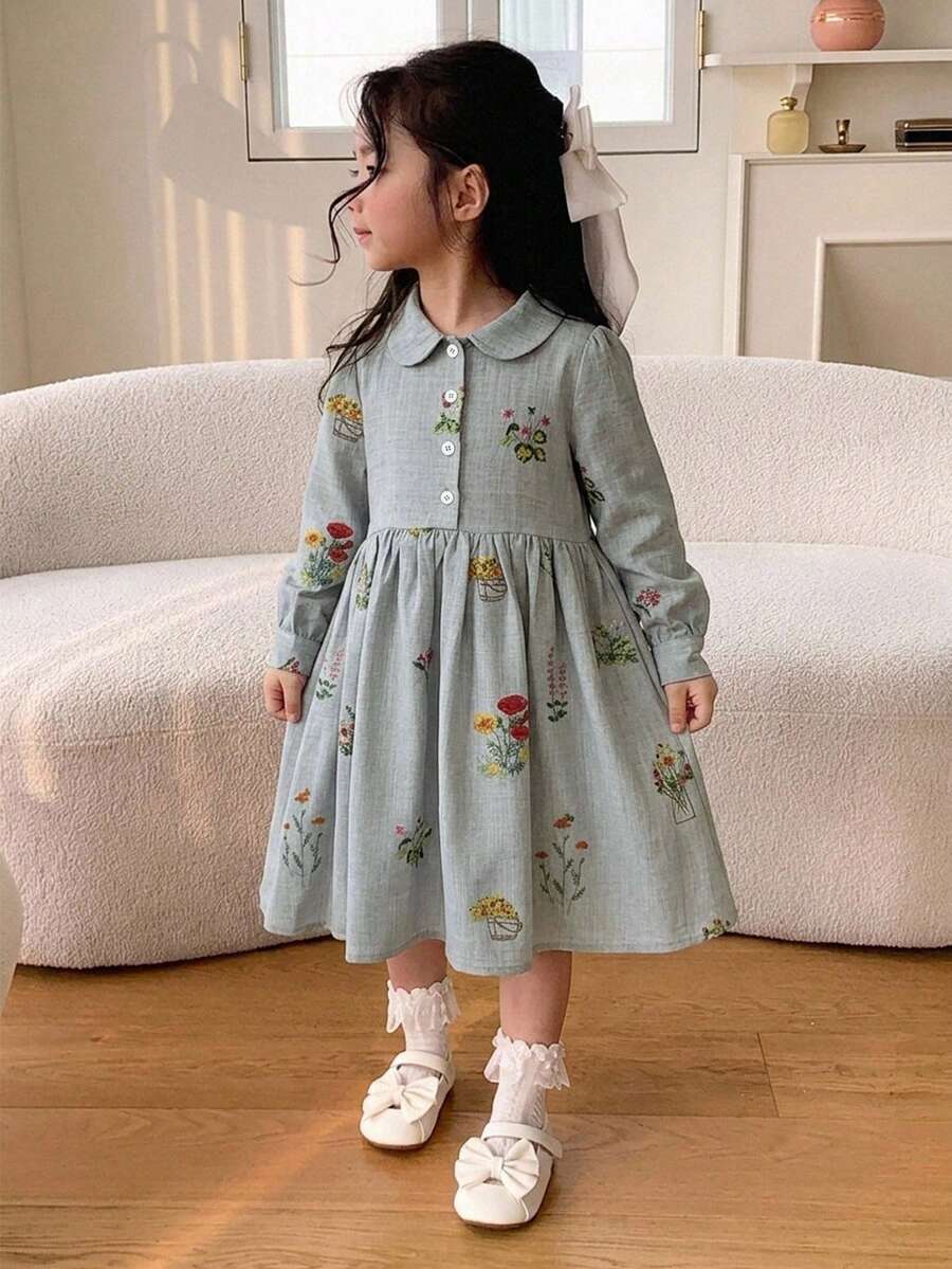Dazy Kids 女童花卉印花百褶休閒日常夏季洋裝 - 灰色 - 查看 1