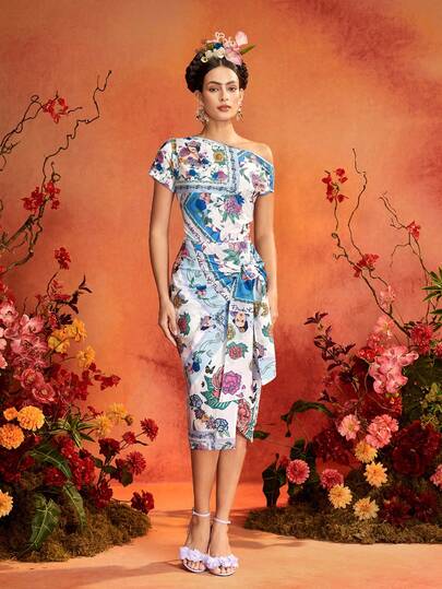 Glamance Frida Kahlo X SHEIN Portrait Silk Scarf Patchwork Print Blue Off-Shoulder Asymmetric High Slit Tie Short Sleeve Maxi Dress, Elegant Mature Casual Sexy, Suitable For Outings, Work, Office, Daily Wear, Gatherings, Parties, Birthdays, Vacations, Middle East Travel, Beach, Swimwear, Night Out, Bohemian Summer