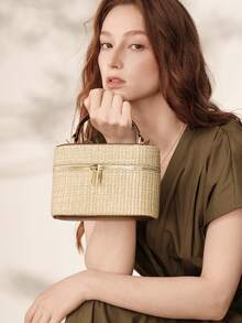 MOTF WOMEN'S FASHION APRICOT STRAW HANDBAG, EXQUISITE SIMPLE BOX BAG, FOR DAILY, COMMUTING, SHOPPING, SUMMER VACATION, TRAVEL, BEACH, SEASIDE - Brown straw weaving - View 1