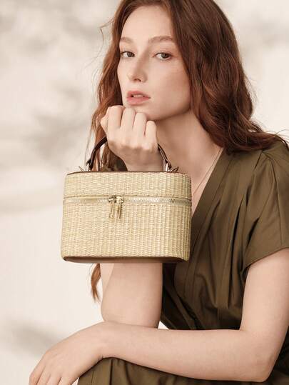 MOTF Bolso de paja color albaricoque para mujer, bolso de caja exquisito y sencillo, para uso diario, desplazamientos, compras, vacaciones de verano, viajes, playa,