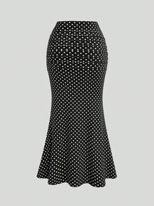 Sweetra Plus Size Women's Soft Matte Solid Color Polka Dot Skirt, High Waist Ruched Design Mermaid Tail Skirt, Body-Hugging Slim Fit Hip-Flattering Concealing Flattering Height-Enhancing Elegant Drape Versatile Skirt, High Waist Ruched Mermaid Tail Skirt, Solid Color Polka Dot Slim Fit Hip-Flattering Skirt - Black and White - View 6
