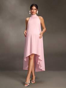 Cheriluna Maternity Elegant Solid Color Halter Neck High-Low Dress For Pregnant Women Party - Pink - View 5