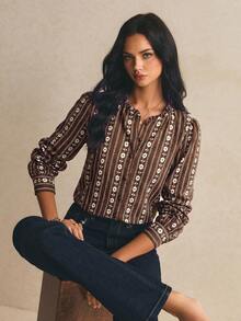 Poéselle Women's All-Over Print Casual Versatile Daily Wear Shirt - Brown - View 6
