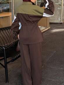 Solavon Women's Zipper Contrast Drawstring Long Sleeve Jacket And Casual Pants Arabic Outfit Set - Multicolor - View 4