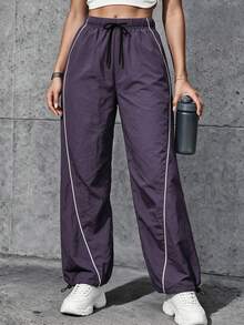 SHEIN Sports Women's Drawstring Waist Pocket Tapered Leg Casual Fitness Sports Long Pants - Purple - View 4