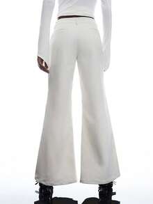 LYSMO Women's Casual Versatile Daily Wear Flare Leg Pants With Pockets And Buttons - Beige - View 2