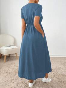 SHEIN Essnce 女士休闲纯色抽绳腰连衣裙，夏季 - 藍色 - 查看 2