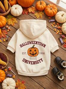 PETSIN 1pc Evil Pumpkin Pattern And Letter Printed Pet Hoodie, White Casual Style, Thick Warm Pet Clothing For Autumn And Winter - Beige - View 2