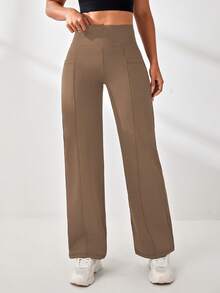 SHEIN Sports Women's Solid Color High Waist Pockets Sports Long Pants - Khaki - View 4
