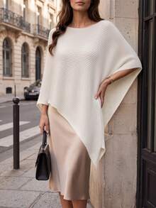 SHEIN Franclia 女款純色圓領不對稱下擺寬鬆毛衣 - 白色 - 查看 2