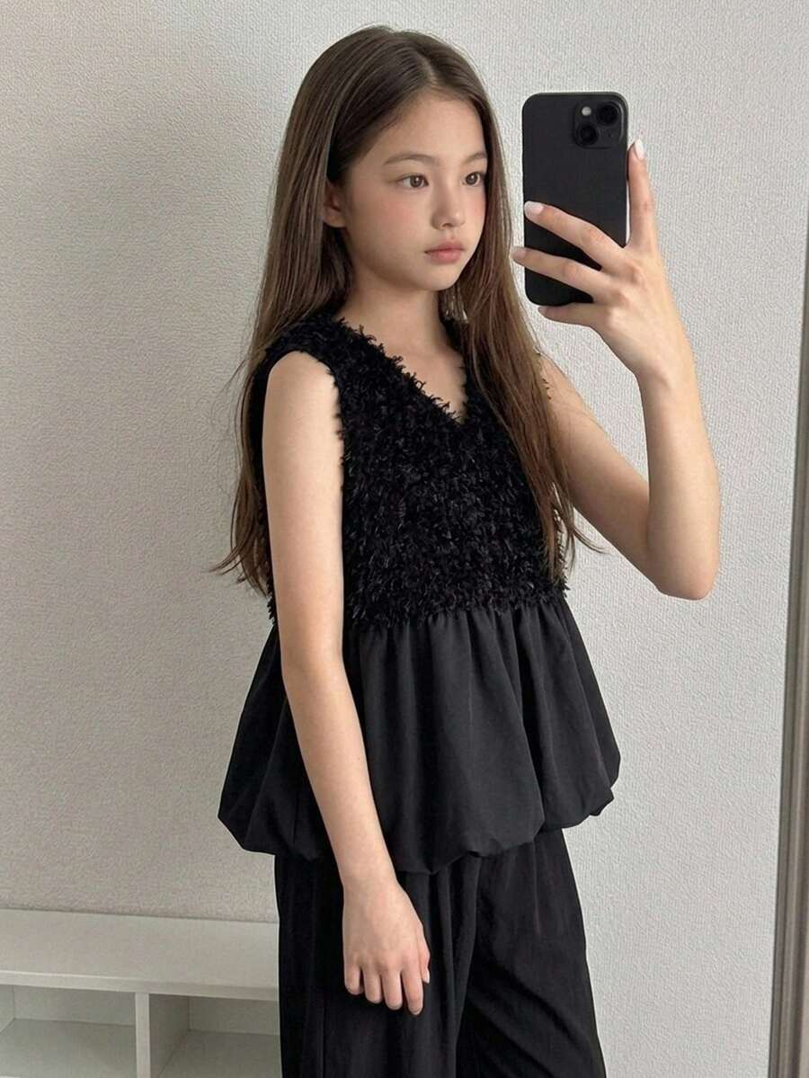 DAZY 女童秋季大碼拼接設計V領無袖背心外套襯衫 - 黑色 - 查看 1