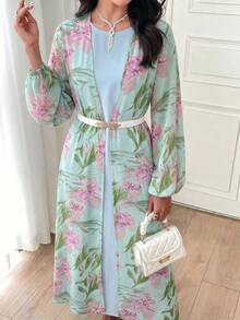 Al Najma 2件組女款春夏花卉印花燈籠袖開襟衫與純色圓領洋裝優雅套裝 - 彩色 - 查看 3