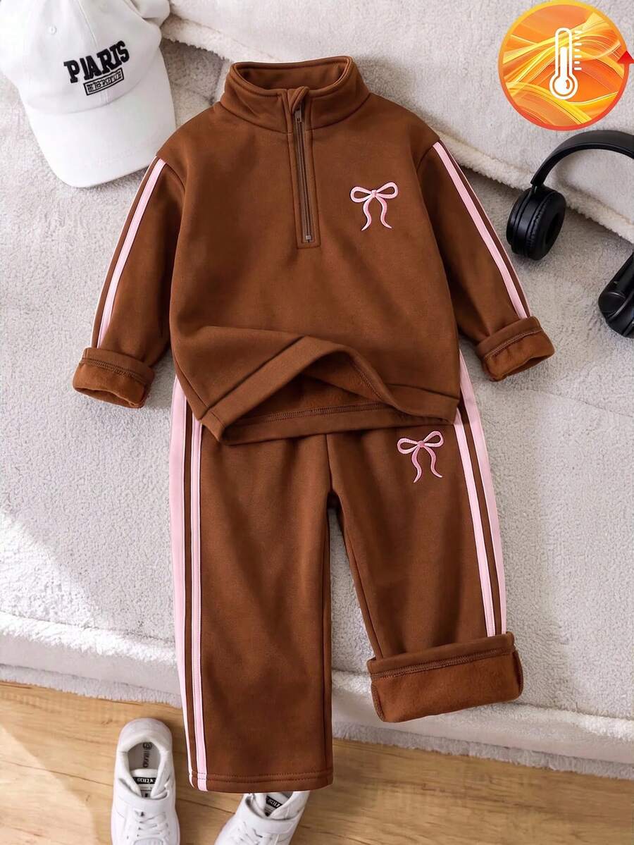 SHEIN 2件組幼女運動衫長褲套裝，可愛甜美棕色粉色蝴蝶結印花條紋，長袖半拉鍊領，加厚戶外冬季返校活動款