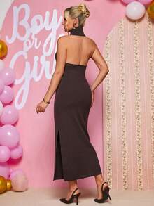 Loomaby Gaun Hamil Polos Serbaguna dengan Belahan Samping dan Leher Halter, Gaun Musim Gugur, Gaun Pengungkapan Jenis Kelamin Bayi, Gaun Hamil, Gaun untuk Acara Baby Shower - Coffee Brown - View 8