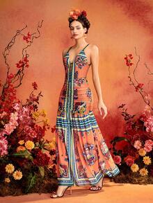 Glamance Frida Kahlo X SHEIN 橘色人像花卉印花鏤空細肩帶抓皺洋裝，優雅成熟休閒性感，適合外出、工作、辦公室、日常、聚會、派對、生日、度假、中東旅行、海灘、泳裝、夜晚出遊、波希米亞夏日 - 橘色 - 查看 2