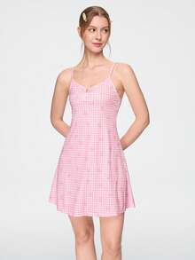 Bonmuse Fresh Pink Plaid & Ditsy Floral Sweet Women's Loungewear Dress - Pink - View 3