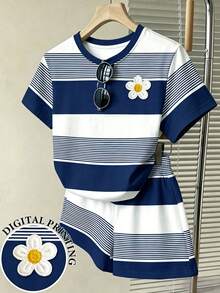 青少年女孩休閒舒適海軍藍條紋3D花卉圖案寬鬆圓領T恤與寬鬆短褲2件套，適合日常、外出、學校、返校，甜美風格，慵懶隨性 - 彩色 - 查看 1