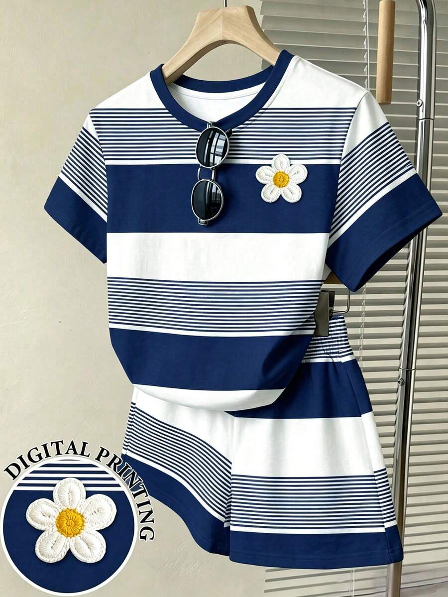 青少年女孩休閒舒適海軍藍條紋3D花卉圖案寬鬆圓領T恤與寬鬆短褲2件套,適合日常、外出、學校、返校,甜美風格,慵懶隨性 - 彩色 - 查看 1