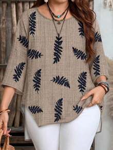 EMERY ROSE Plus Size Women's Faux Linen Printed High-Low Loose Asymmetrical Blouse, Round Neck 3/4 Sleeve Shirt, Suitable For Casual And Vacation Wear - Camel - View 5
