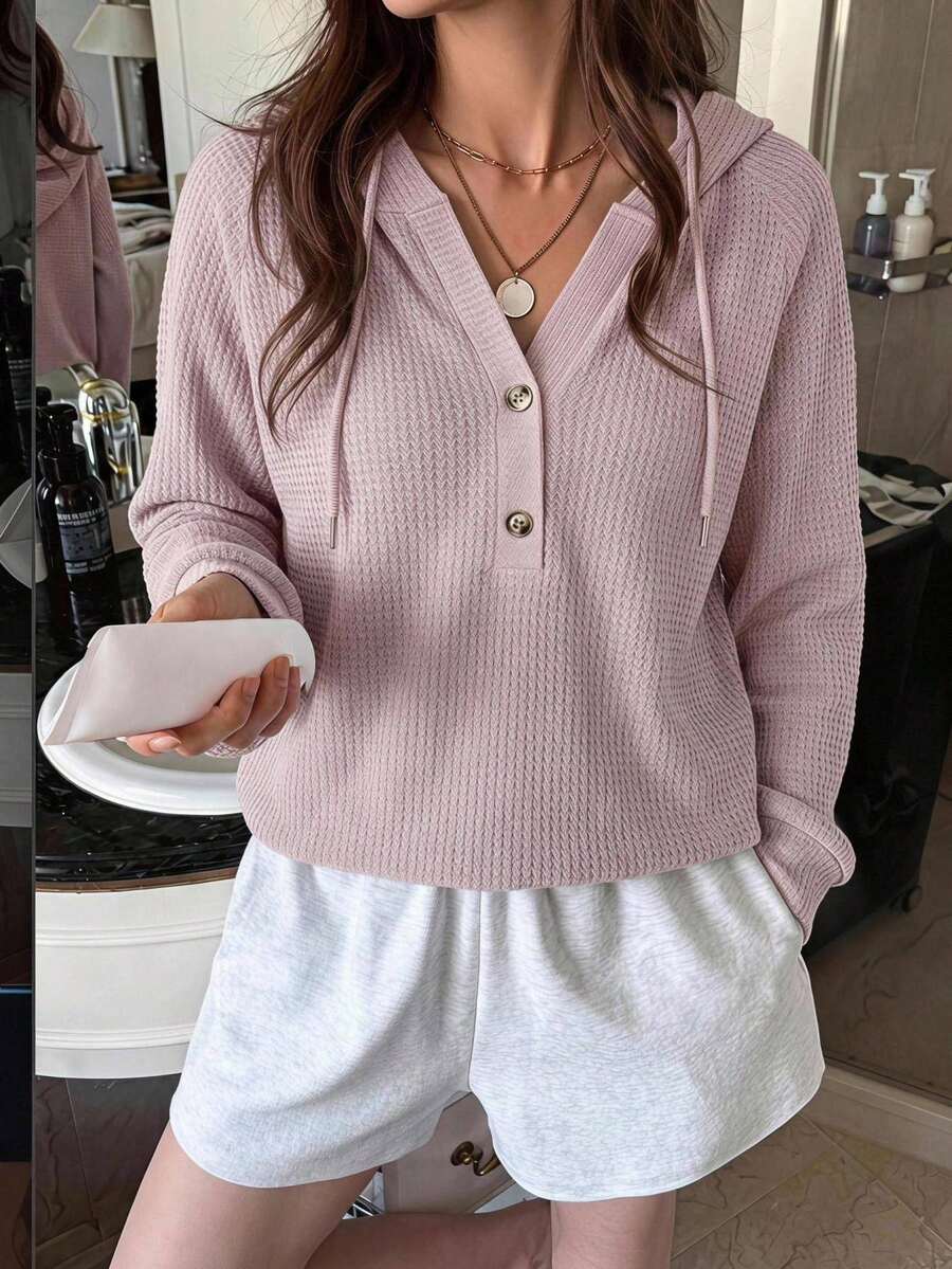SHEIN LUNE Half Button Raglan Sleeve Drawstring Hoodie,Long Sleeve Tops Graduation,Back To School Outfits,Teacher Outfits For Women,In Autumn/ Travel Pink Casual - Light Grey - View 1