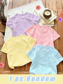 1 Random Item From 5 Girls' Fresh Cute Cartoon Cat Pink Bow Heart Flower Pattern Basic Traceable Cotton Short T-Shirt - Pink - View 2