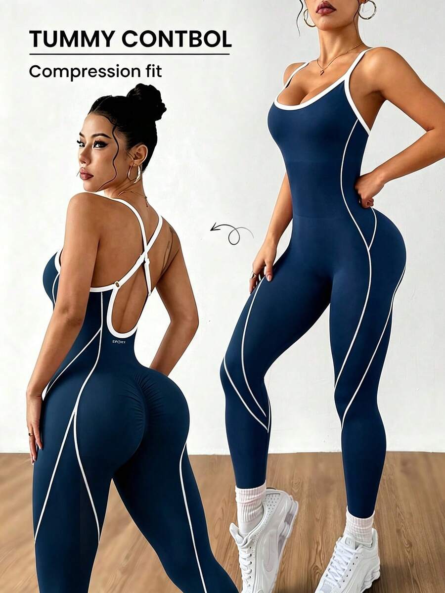 Dewbera Dewbera Seamless Backless Fitted Sports Jumpsuit - Teal Blue - View 1