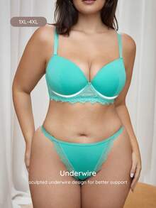 Bralution Conjunto de lencería sexy para uso diario para mujer talla grande con sujetador de tirantes ajustables con ribete de encaje y braguita triangular - verde menta - Ver 4