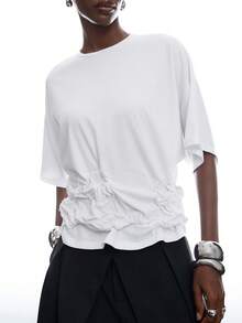 LYSMO Women's Solid Color Pleated Casual Versatile Daily Wear T-Shirt - White - View 3