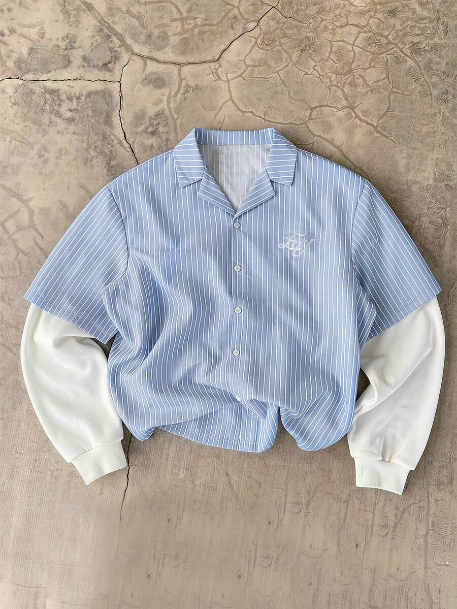 SWAVVY 男士刺繡百搭單排釦條紋撞色 2 合 1 襯衫 - 藍色 - 查看 1