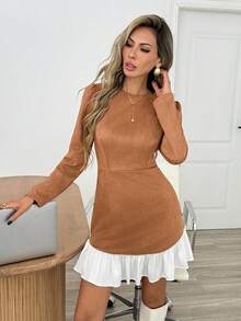 Easowa Women's Vintage Elegant Long Sleeve Ruffle Patchwork Dress For Business Office - Khaki - View 3