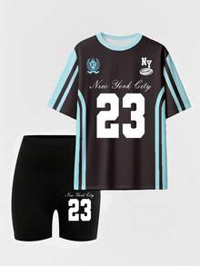 SHEIN 女士休闲时尚创意数字 23 和字母图案印花 T 恤和自行车短裤套装 纽约服装 女士运动服 女士 Y2k 运动服 女士运动服套装 两件套运动服套装 女士 Y2k 运动服 女士两件套运动服 女士纽约都市服装 女士两件套运动服 女士纽约都市运动服 - 彩色 - 查看 3