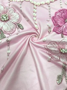 Franclia 女士时尚百搭印花修身短袖T恤，优雅女装，全幅花卉珍珠印花T恤，刺绣花卉T恤，仿珍珠T恤 - 淺粉色 - 查看 5