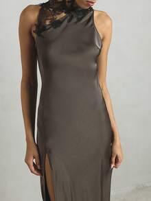 KSTM Satin Maxi Dress With Black Floral Lace Applique Neckline Sleeveless Bodycon Front Slit Evening Gown - Grey - View 4