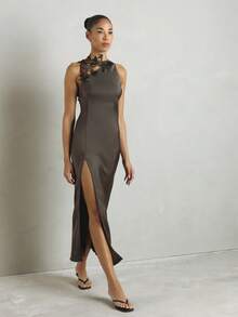 KSTM Satin Maxi Dress With Black Floral Lace Applique Neckline Sleeveless Bodycon Front Slit Evening Gown - Grey - View 7