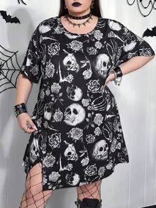 SHEIN CURVE+ 黑色哥德式骷髏花卉印花開衩下擺 2026 秋冬大尺碼 22W 女款萬聖節服裝 - 黑與白 - 查看 1