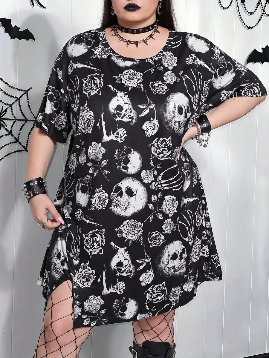 SHEIN CURVE+ 黑色哥德式骷髏花卉印花開衩下擺 2026 秋冬大尺碼 22W 女款萬聖節服裝 - 黑與白 - 查看 1