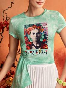 Glamance Frida Kahlo X SHEIN 修身高彈短袖荷葉邊抓褶上衣 T-shirt，優雅成熟休閒性感，適合外出、工作、辦公室、日常、派對、生日、度假、中東旅行、海灘、泳裝、夜晚外出、波希米亞風、夏季 - 綠色 - 查看 6