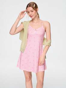 Bonmuse Fresh Pink Plaid & Ditsy Floral Sweet Women's Loungewear Dress - Pink - View 1