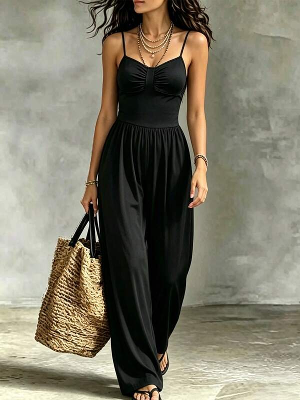 Trelyra Women's Black Jumpsuit, Spaghetti Strap Wide Leg Jumpsuit, Suitable For Summer