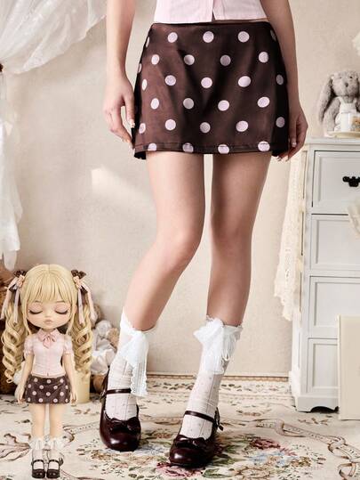 Gonna da donna autunno/inverno stile Lolita leggero kawaii corallo rosa a pois con stampa pop art