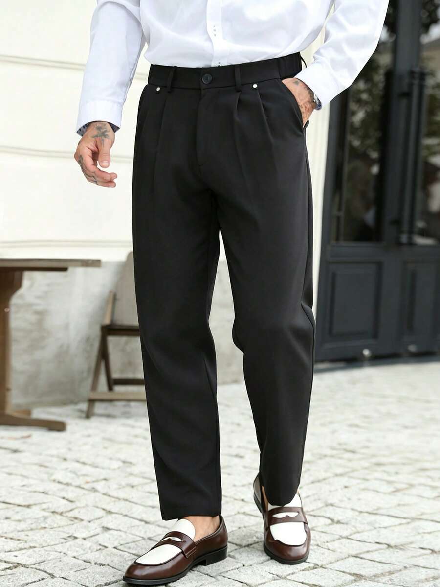 Manfinity Mode Men's Button Pocket Business Mature Suit Pants - Black - View 1