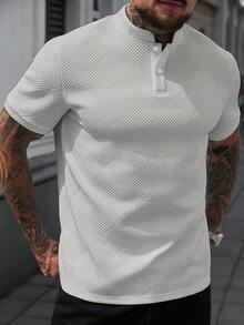 Manfinity CasualCool 男士立領 Polo 衫，針織提花布料，休閒日常穿著，時尚百搭風格 - 灰色 - 查看 1