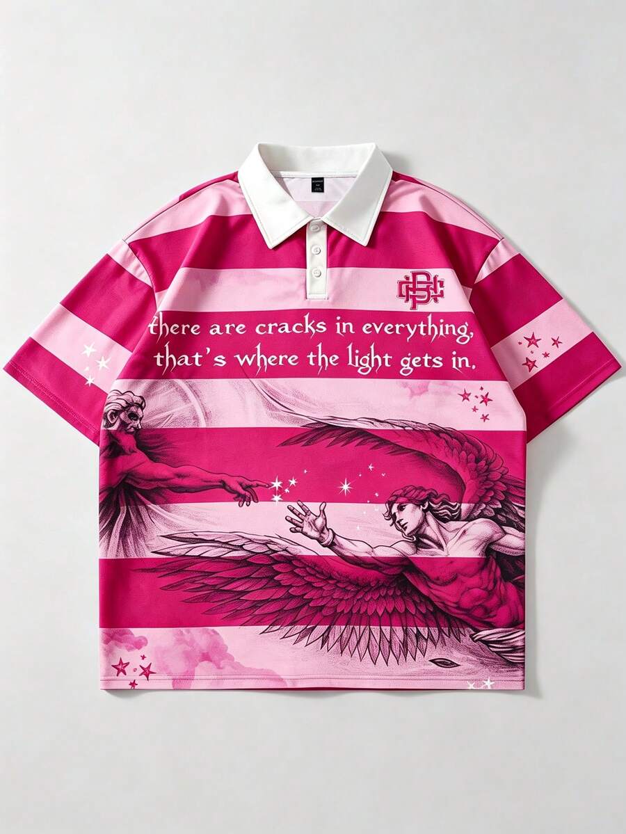 ROMWE MEN Prep 2026 Men's Casual Short Sleeve Polo T-Shirt, College Style Printed Striped Top - Multicolor - View 1