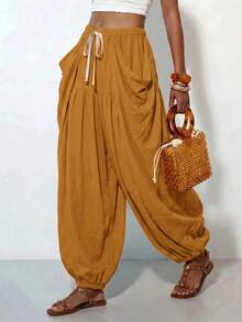 Zivah Women's Designer Drawstring Waist Pleated Long Pants For Beach Vacation - Mustard Yellow - View 4