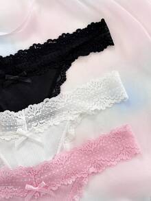 Eraneu 3 peças/Conjunto Calcinha Tanga Sexy Confortável Charmosa Colorida com Renda, Patchwork e Laço para Meninas - Multicolorido - Visão 3